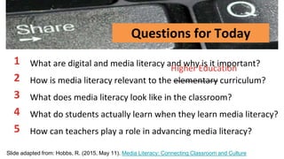 Questions for Today
What are digital and media literacy and why is it important?
How is media literacy relevant to the elementary curriculum?
What does media literacy look like in the classroom?
What do students actually learn when they learn media literacy?
How can teachers play a role in advancing media literacy?
Higher Education
1
2
3
4
5
Slide adapted from: Hobbs, R. (2015, May 11). Media Literacy: Connecting Classroom and Culture
 