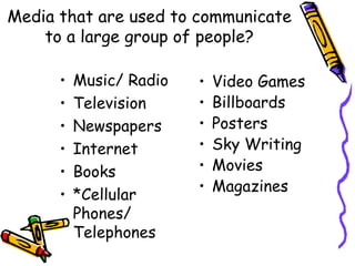 Media that are used to communicate to a large group of people? Music/ Radio Television Newspapers Internet Books *Cellular Phones/ Telephones Video Games Billboards Posters Sky Writing Movies Magazines 