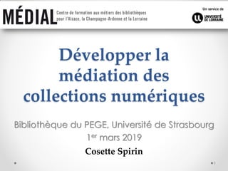 Développer la
médiation des
collections numériques
Bibliothèque du PEGE, Université de Strasbourg
1er mars 2019
Cosette Spirin
1
 