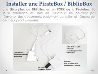 Une LibraryBox ou BiblioBox est un FORK de la Piratebox. La
seule différence est que les utilisateurs ne peuvent pas
télév...