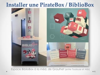 Espace BiblioBox à la méd. de Graulhet (entre Toulouse et Albi)
90
Installer une PirateBox / BiblioBox
 