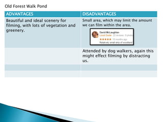 Old Forest Walk Pond
ADVANTAGES DISADVANTAGES
Beautiful and ideal scenery for
filming, with lots of vegetation and
greenery.
Small area, which may limit the amount
we can film within the area.
Attended by dog walkers, again this
might effect filming by distracting
us.
 