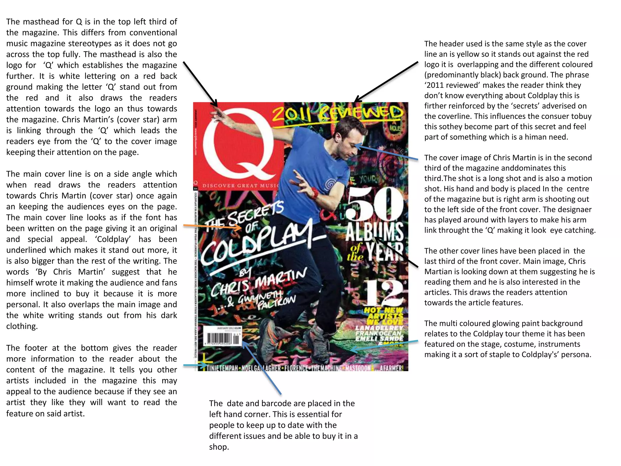 The masthead for Q is in the top left third of
the magazine. This differs from conventional
music magazine stereotypes as it does not go                                                     The header used is the same style as the cover
across the top fully. The masthead is also the                                                   line an is yellow so it stands out against the red
logo for ‘Q’ which establishes the magazine                                                      logo it is overlapping and the different coloured
further. It is white lettering on a red back                                                     (predominantly black) back ground. The phrase
ground making the letter ‘Q’ stand out from                                                      ‘2011 reviewed’ makes the reader think they
the red and it also draws the readers                                                            don’t know everything about Coldplay this is
attention towards the logo an thus towards                                                       firther reinforced by the ‘secrets’ adverised on
the magazine. Chris Martin’s (cover star) arm                                                    the coverline. This influences the consuer tobuy
is linking through the ‘Q’ which leads the                                                       this sothey become part of this secret and feel
                                                                                                 part of something which is a himan need.
readers eye from the ‘Q’ to the cover image
keeping their attention on the page.
                                                                                                 The cover image of Chris Martin is in the second
                                                                                                 third of the magazine anddominates this
The main cover line is on a side angle which                                                     third.The shot is a long shot and is also a motion
when read draws the readers attention                                                            shot. His hand and body is placed In the centre
towards Chris Martin (cover star) once again                                                     of the magazine but is right arm is shooting out
an keeping the audiences eyes on the page.                                                       to the left side of the front cover. The designaer
The main cover line looks as if the font has                                                     has played around with layers to make his arm
been written on the page giving it an original                                                   link throught the ‘Q’ making it look eye catching.
and special appeal. ‘Coldplay’ has been
underlined which makes it stand out more, it                                                     The other cover lines have been placed in the
is also bigger than the rest of the writing. The                                                 last third of the front cover. Main image, Chris
words ‘By Chris Martin’ suggest that he                                                          Martian is looking down at them suggesting he is
himself wrote it making the audience and fans                                                    reading them and he is also interested in the
more inclined to buy it because it is more                                                       articles. This draws the readers attention
personal. It also overlaps the main image and                                                    towards the article features.
the white writing stands out from his dark
clothing.                                                                                        The multi coloured glowing paint background
                                                                                                 relates to the Coldplay tour theme it has been
The footer at the bottom gives the reader                                                        featured on the stage, costume, instruments
                                                                                                 making it a sort of staple to Coldplay's’ persona.
more information to the reader about the
content of the magazine. It tells you other
artists included in the magazine this may
appeal to the audience because if they see an
artist they like they will want to read the        The date and barcode are placed in the
feature on said artist.                            left hand corner. This is essential for
                                                   people to keep up to date with the
                                                   different issues and be able to buy it in a
                                                   shop.
 