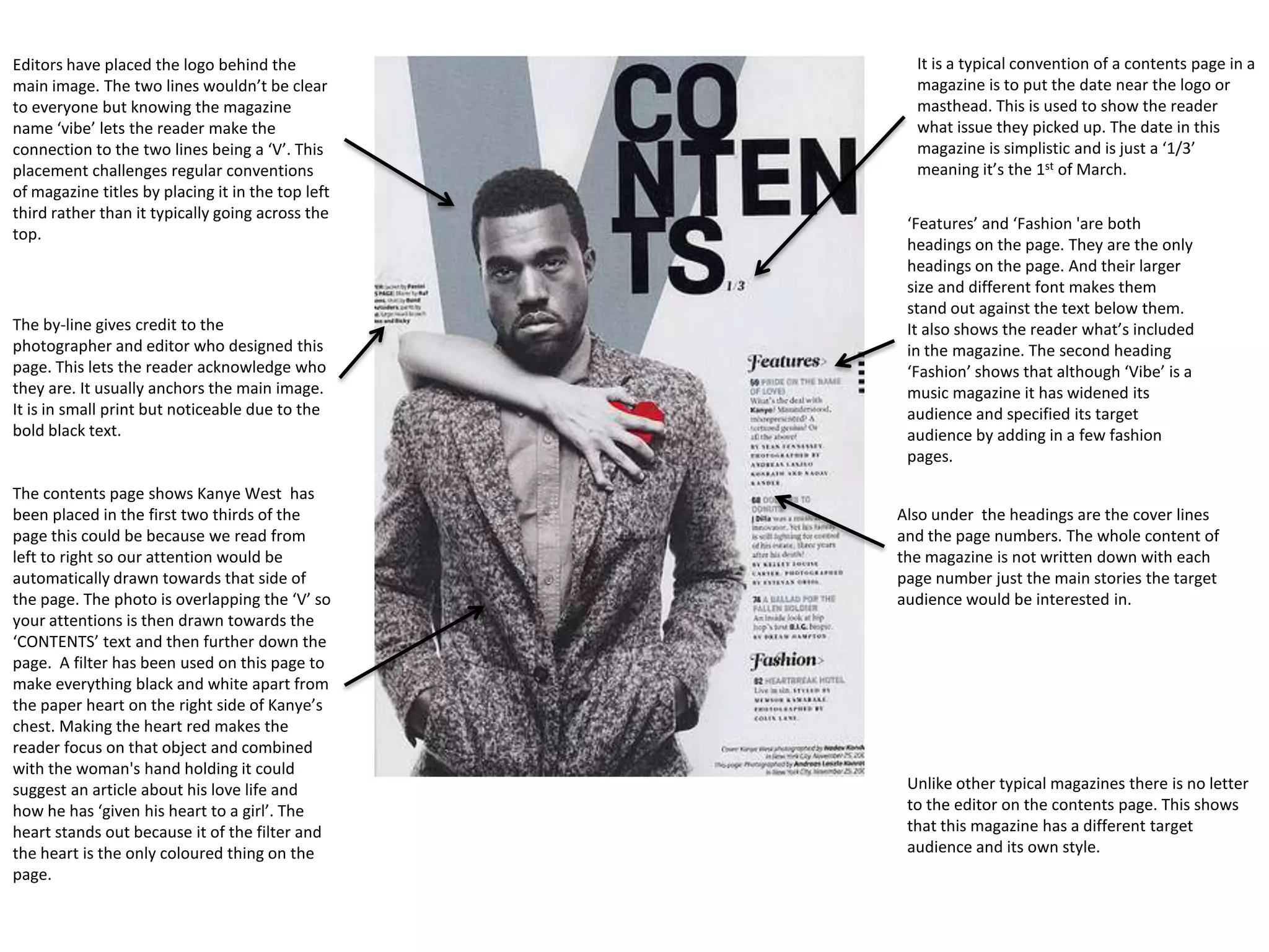 Editors have placed the logo behind the              It is a typical convention of a contents page in a
main image. The two lines wouldn’t be clear          magazine is to put the date near the logo or
to everyone but knowing the magazine                 masthead. This is used to show the reader
name ‘vibe’ lets the reader make the                 what issue they picked up. The date in this
connection to the two lines being a ‘V’. This        magazine is simplistic and is just a ‘1/3’
placement challenges regular conventions             meaning it’s the 1st of March.
of magazine titles by placing it in the top left
third rather than it typically going across the
                                                    ‘Features’ and ‘Fashion 'are both
top.
                                                    headings on the page. They are the only
                                                    headings on the page. And their larger
                                                    size and different font makes them
                                                    stand out against the text below them.
The by-line gives credit to the                     It also shows the reader what’s included
photographer and editor who designed this           in the magazine. The second heading
page. This lets the reader acknowledge who          ‘Fashion’ shows that although ‘Vibe’ is a
they are. It usually anchors the main image.        music magazine it has widened its
It is in small print but noticeable due to the      audience and specified its target
bold black text.                                    audience by adding in a few fashion
                                                    pages.

The contents page shows Kanye West has
been placed in the first two thirds of the         Also under the headings are the cover lines
page this could be because we read from            and the page numbers. The whole content of
left to right so our attention would be            the magazine is not written down with each
automatically drawn towards that side of           page number just the main stories the target
the page. The photo is overlapping the ‘V’ so      audience would be interested in.
your attentions is then drawn towards the
‘CONTENTS’ text and then further down the
page. A filter has been used on this page to
make everything black and white apart from
the paper heart on the right side of Kanye’s
chest. Making the heart red makes the
reader focus on that object and combined
with the woman's hand holding it could
suggest an article about his love life and          Unlike other typical magazines there is no letter
how he has ‘given his heart to a girl’. The         to the editor on the contents page. This shows
heart stands out because it of the filter and       that this magazine has a different target
the heart is the only coloured thing on the         audience and its own style.
page.
 