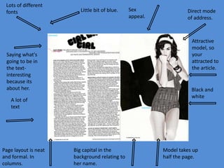 Lots of different
fonts

Little bit of blue.

Direct mode
of address.

Attractive
model, so
your
attracted to
the article.

Saying what's
going to be in
the textinteresting
because its
about her.

Black and
white

A lot of
text

Page layout is neat
and formal. In
columns.

Sex
appeal.

Big capital in the
background relating to
her name.

Model takes up
half the page.

 