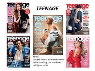 TEENAGE
notes:
-youthful fonts all over the cover
-head covering the masthead
-all figure shots
 