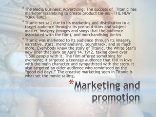 *
*The Media Business: Advertising; The success of 'Titanic' has
marketer scrambling to create product tie-ins - THE NEW
Y...