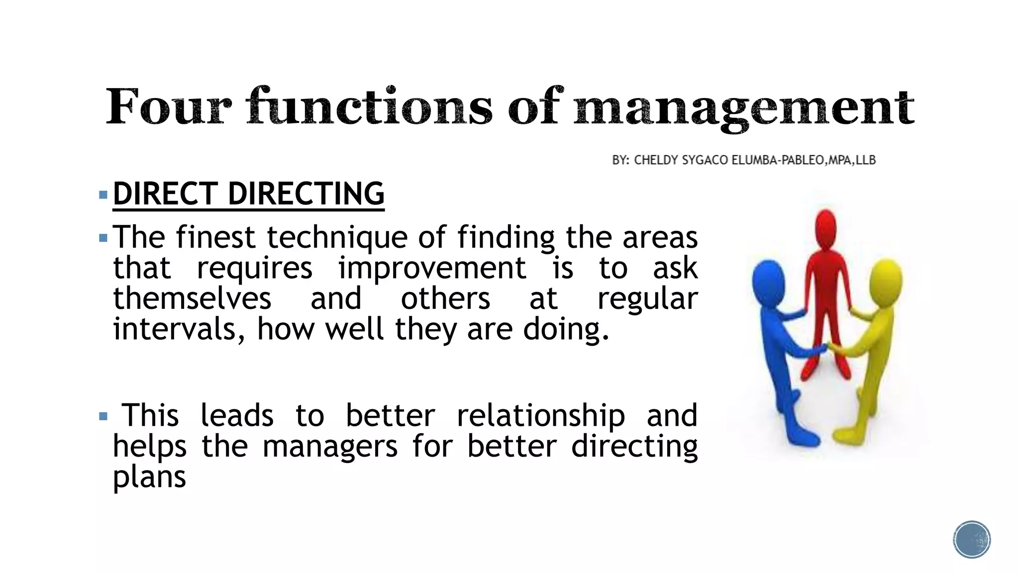 DIRECT DIRECTING
The finest technique of finding the areas
that requires improvement is to ask
themselves and others at regular
intervals, how well they are doing.
 This leads to better relationship and
helps the managers for better directing
plans
 