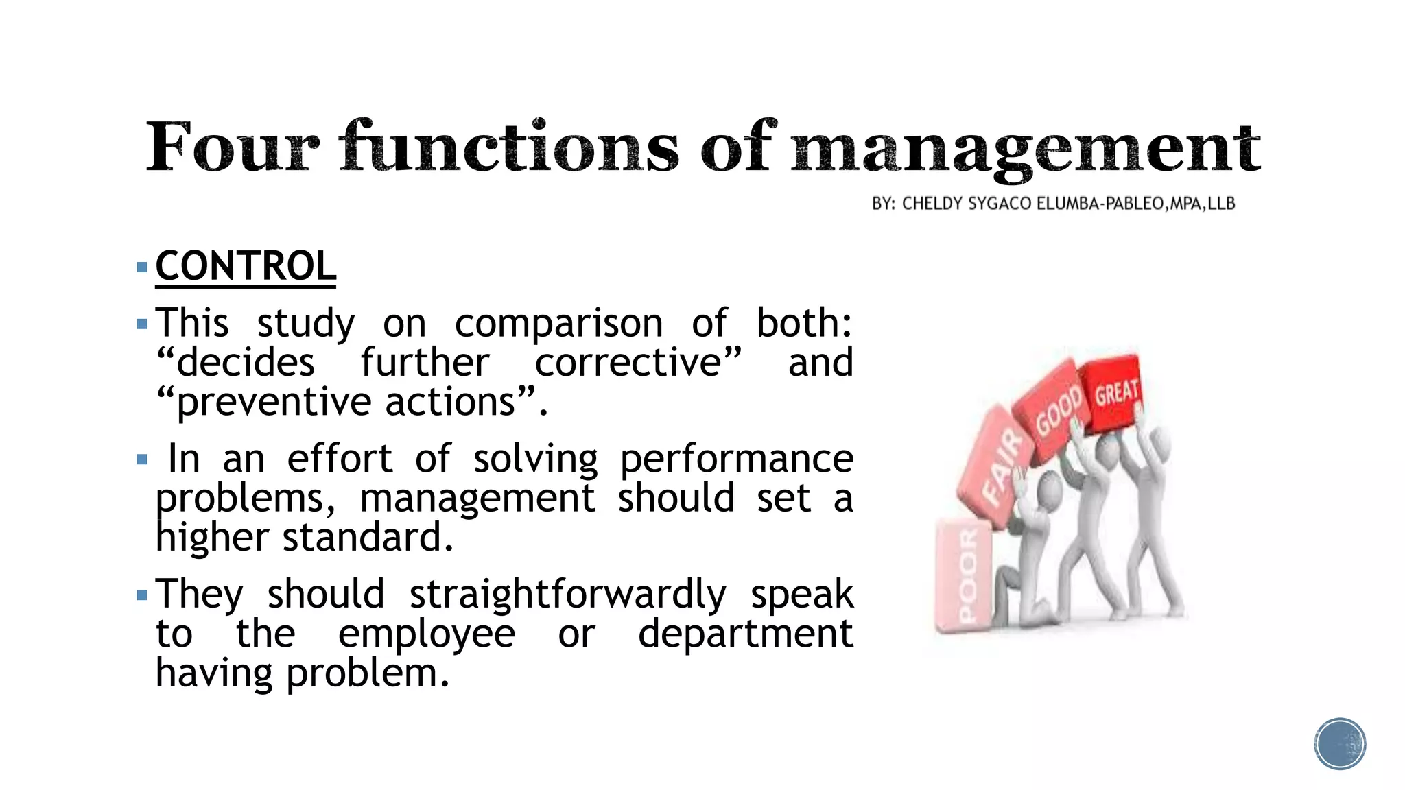 CONTROL
This study on comparison of both:
“decides further corrective” and
“preventive actions”.
 In an effort of solving performance
problems, management should set a
higher standard.
They should straightforwardly speak
to the employee or department
having problem.
 