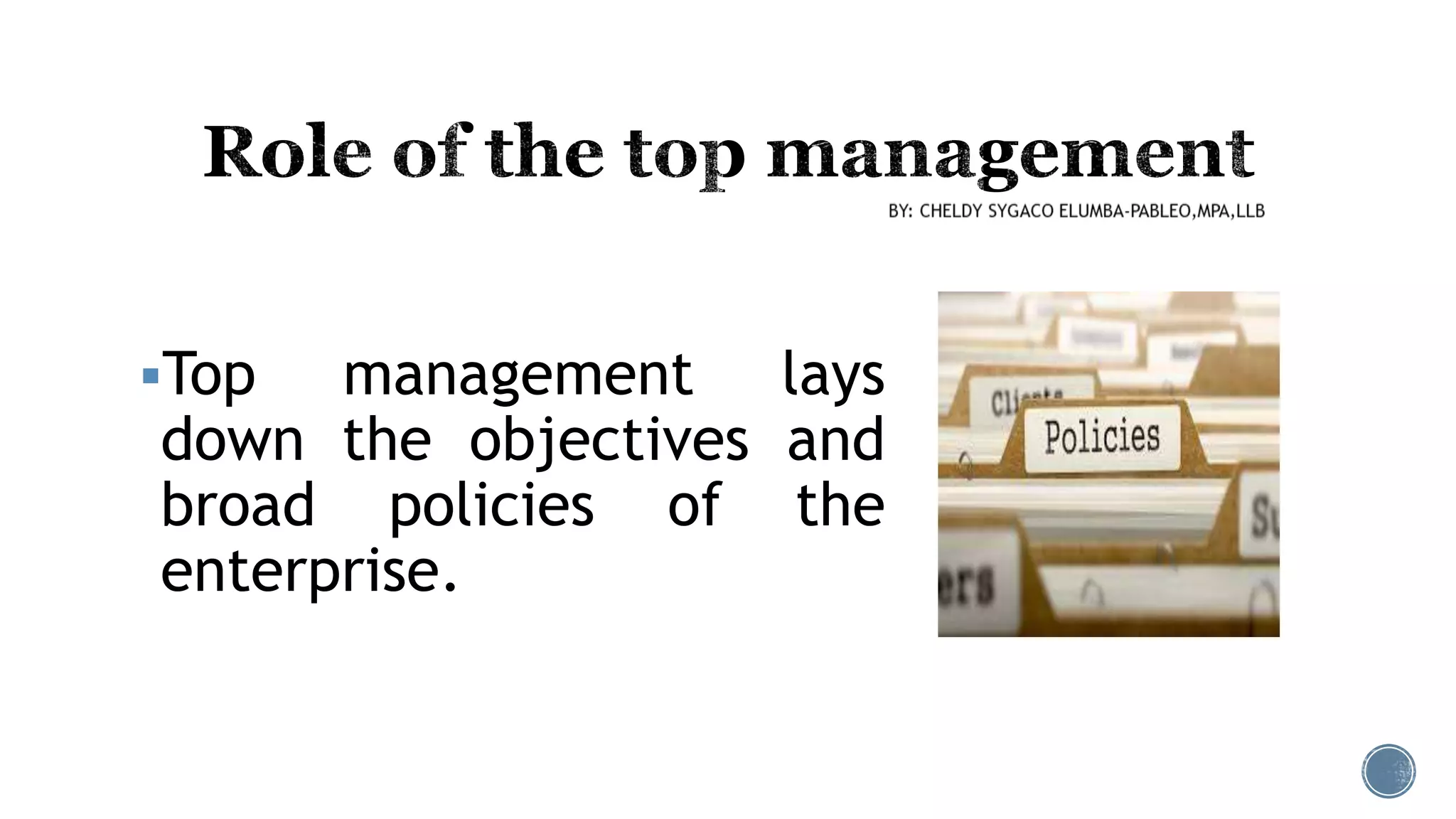 Top management lays
down the objectives and
broad policies of the
enterprise.
 