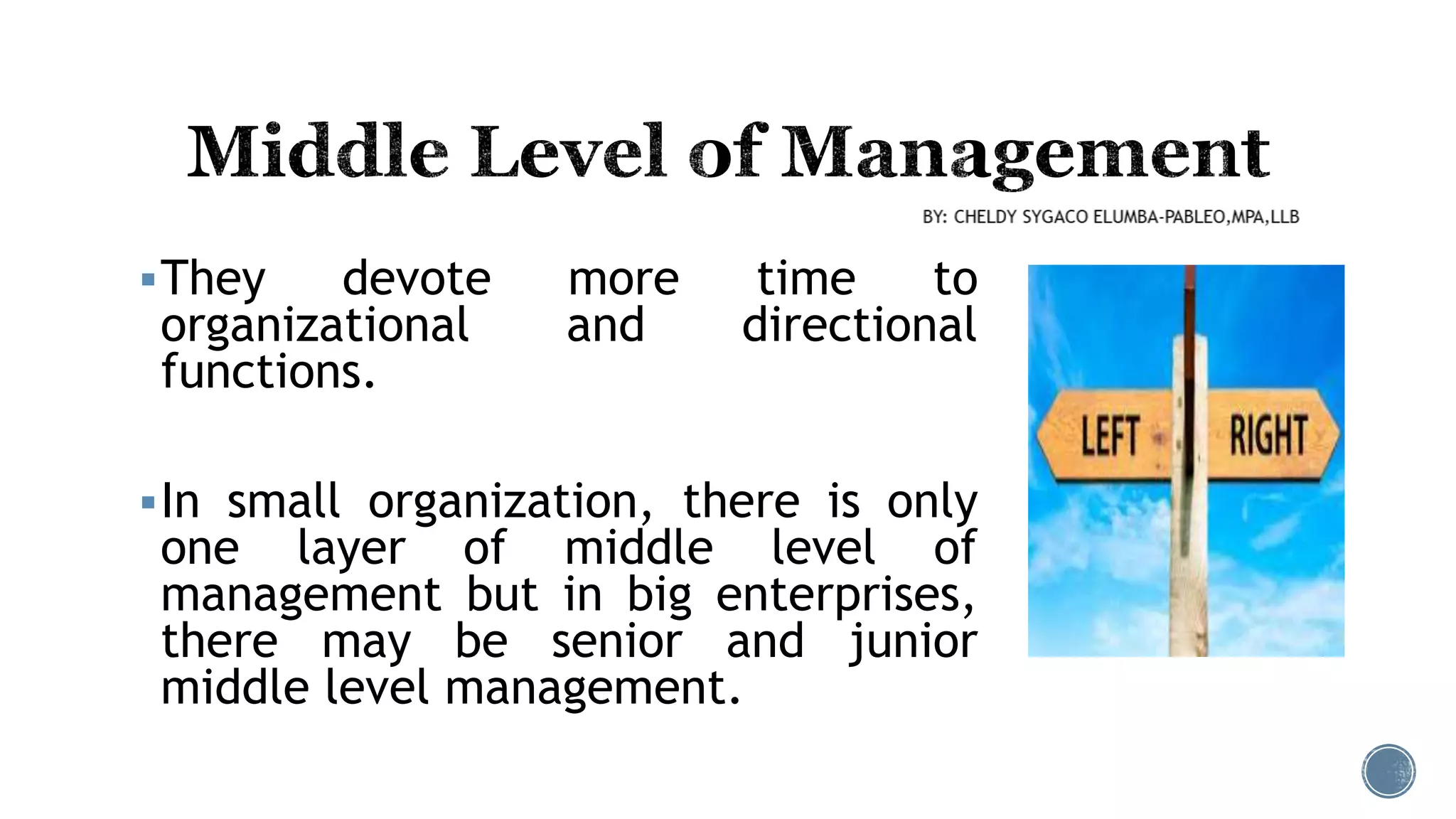 They devote more time to
organizational and directional
functions.
In small organization, there is only
one layer of middle level of
management but in big enterprises,
there may be senior and junior
middle level management.
 