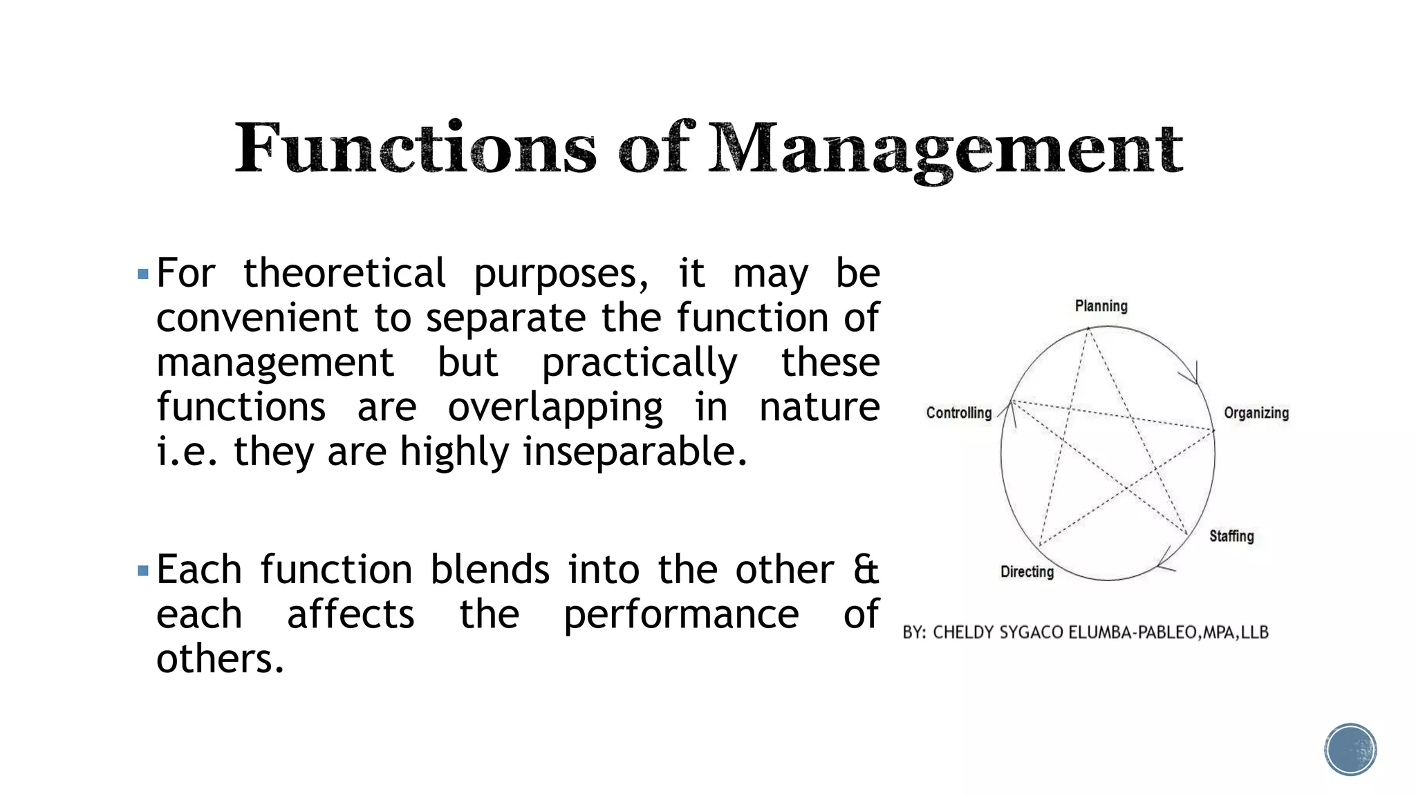 For theoretical purposes, it may be
convenient to separate the function of
management but practically these
functions are overlapping in nature
i.e. they are highly inseparable.
Each function blends into the other &
each affects the performance of
others.
 