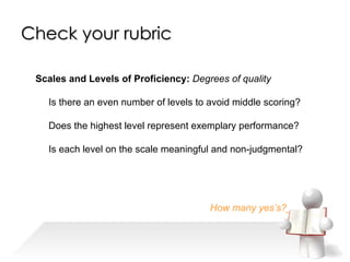 Scales and Levels of Proficiency:   Degrees of quality Is there an even number of levels to avoid middle scoring? Does the highest level represent exemplary performance? Is each level on the scale meaningful and non-judgmental? How many yes’s?___ Check your rubric 