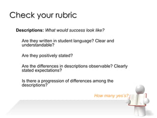 Descriptions:   What would success look like? Are they written in student language? Clear and understandable? Are they positively stated? Are the differences in descriptions observable? Clearly stated expectations? Is there a progression of differences among the descriptions? How many yes’s?___ Check your rubric 