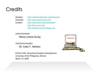 Credits Rubistar http://rubistar.4teachers.org/index.php Checklist http:// www.sasinschool.com Content http:// www.ascd.org/readingroom http:// ide.ed.psu.edu http://teachers.teach-nology.com author/developer Maria Lorena Guray instructor/consultant Dr. Celia T. Adriano EdTech 206, Instructional Systems Development University of the Philippines, Diliman March 16, 2009 