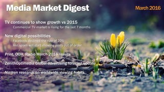 1
Media Market Digest March2016
TV continues to show growth vs 2015
Commercial TV-market is rising for the last 7 months
New digital possibilities
Facebook declined the rule of 20%
Instagram will start showing posts out of order
Print, OOH, Radio March 2016 results
ZenithOptimedia Global advertising forecast update
Nielsen research on worldwide viewing habits
 