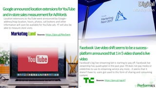 13
Location extensions to YouTube were announced by Google -
address/map location, hours, photos, call buttons and other
information will soon be available for YouTube ads. YT will also be
able to measure store visits.
GoogleannouncedlocationextensionsforYouTube
andin-storesalesmeasurementforAdWords
Facebook Livevideoshiftseemstobeasuccess-
platformannouncedthat1in5videosharedislive
video
Facebook’s big live-streaming bet is starting to pay off. Facebook live
viewership has quadrupled in the past year. FB does not pay media or
celebrities to use its streaming service any more - it seems that it
doesn’t have to, users got used to this form of sharing and consuming
content.
MonthlyNews
Source: https://goo.gl/Nxv5wm
Source: https://goo.gl/rqgcKT
 