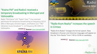 24
"Kraina FM" and Radio1 received a
temporary broadcasting in Mariupol and
Volnovakha
Radio "FM Kraina" (JSC "Radio" Gala "") has received
permission for temporary broadcasting on frequency 107.8
MHz in Mariupol, Donetsk region, and Radio1 (LLC "TRC"
Ukrainian music broadcast ") - on frequency 99.3 MHz in
Volnovakha.
Source: https://goo.gl/cPj9EP
"Radio Krim.Realiyi" changes the format speech. Now
broadcast in Russian and Ukrainian languages will appear on
the site "Krim.Realiyi" from 7:00 to 10:00 on weekdays.
"Radio Krym.Realiyi" increases the speech
in Crimea
Source: https://goo.gl/cF7dFE
Monthly News
 