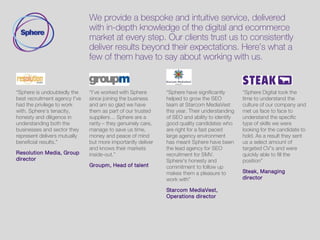 We provide a bespoke and intuitive service, delivered
with in-depth knowledge of the digital and ecommerce
market at every step. Our clients trust us to consistently
deliver results beyond their expectations. Here’s what a
few of them have to say about working with us.
““Sphere have been one of
our key suppliers for
recruitment across the
Publicis media group since
they launched. Every
consultant I have worked
with has been very
knowledgeable in their area
of expertise, providing market
insight and proving
themselves to be trustworthy
and reliable. Sphere will
continue to be one of my
main suppliers for as long as
I am in the industry, highly
recommended!”
Kate Conroy, Headof
recruitment
“They provide great client
service by working with us as
a valued partner and as an
extension if our in-house
talent team. Sphere have
been able to add value to
myself and our hiring
managers by understanding
our business, adapting to
our needs and sending us
candidates that match our
briefs across a number of
disciplines”
JamieWhite, Headof
recruitment
“Sphere’s whole business
model is set up to move in an
agile fashion and reflect the
landscape of fast paced
media and tech
environments. Sphere are
able to “tap into” passive
candidate communities in a
way that our other partners’
can’t… I see sphere as a
game changer in this space
and I'm glad we get to play
the same game together.”
Emy Rumble-Mettle, Headof
talent anddevelopment
“I have worked tightly with
sphere for a number of years
- the consultants that work
on the Mediacom account
are completely invested in
delivering a superior service
and continually provide
exceptional candidates who
understand the complex
layers of the media
landscape - I have absolutely
no hesitation in
recommending their services
as their approach is
transparent and effective.”
Benjamin Tingling, Talent
acquisition lead
 