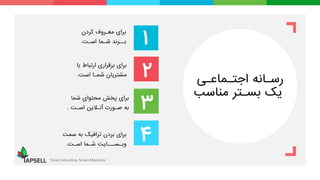 Smart Advertise, Smart Monetize
‫برای‬‫معـروف‬‫کردن‬
‫بــرند‬‫شـما‬‫اسـت‬.
‫برای‬‫پخش‬‫محتوای‬‫شما‬
‫به‬‫صـورت‬‫آنـالین‬‫اسـت‬.
‫برای‬‫برقراری‬‫ارتباط‬‫با‬
‫مشتریان‬‫شمـا‬‫است‬.
‫برای‬‫بردن‬‫ترافیک‬‫به‬‫سمت‬
‫وبـســـایت‬‫شـما‬‫اسـت‬.
‫اجتـماعـی‬ ‫رسـانه‬
‫یک‬‫بسـتر‬‫مناسب‬
1
2
3
4
 