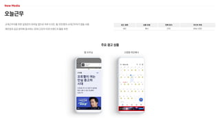 오늘근무
교대근무자를 위한 일정관리 모바일 앱으로 하루 9.5만, 월 20만명의 교대근무자가 앱을 사용
제조업과 공공 분야에 종사하는 30대 근로자 타겟 브랜드의 활용 추천
광고 형태
MO
상품 유형
배너
판매 방식
CPD
미디어 파워
MAU 20만
주요 광고 상품
앱 오프닝 고정형 하단배너
 