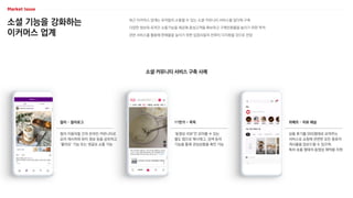 소셜 기능을 강화하는
이커머스 업계
최근 이커머스 업계는 유저들이 소통할 수 있는 소셜·커뮤니티 서비스를 앞다퉈 구축
다양한 정보와 유저간 소통기능을 제공해 충성고객을 확보하고 구매전환율을 높이기 위한 목적
관련 서비스를 활용해 판매율을 높이기 위한 입점사들의 전략이 다각화될 것으로 전망
소셜·커뮤니티 서비스 구축 사례
컬리 이용자들 간의 온라인 커뮤니티로
요리 레시피와 뷰티 정보 등을 공유하고
‘좋아요’ 기능 또는 댓글로 소통 가능
컬리 – 컬리로그
‘동영상 리뷰’만 모아볼 수 있는
별도 탭으로 해시태그, 검색 등의
기능을 통해 관심상품을 확인 가능
11번가 - 꾹꾹
상품 후기를 SNS형태로 보여주는
서비스로 쇼핑에 관련한 모든 종류의
게시물을 업로드할 수 있으며,
특히 숏폼 형태의 동영상 제작을 지원
위메프 – 리뷰 채널
 