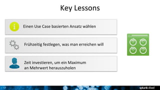 17
Key Lessons
Einen Use Case basierten Ansatz wählen
Frühzeitig festlegen, was man erreichen will
Zeit investieren, um ein Maximum
an Mehrwert herauszuholen
 