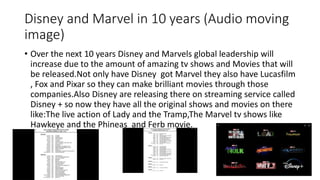 Disney and Marvel in 10 years (Audio moving
image)
• Over the next 10 years Disney and Marvels global leadership will
increase due to the amount of amazing tv shows and Movies that will
be released.Not only have Disney got Marvel they also have Lucasfilm
, Fox and Pixar so they can make brilliant movies through those
companies.Also Disney are releasing there on streaming service called
Disney + so now they have all the original shows and movies on there
like:The live action of Lady and the Tramp,The Marvel tv shows like
Hawkeye and the Phineas and Ferb movie.
 