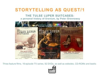 STORYTELLING AS QUEST/1 THE TULSE LUPER SUITCASES:  a personal history of Uranium, by Peter Greenaway Three feature films, 16-episode TV series, 92 DVDs, as well as websites, CD-ROMs and books 