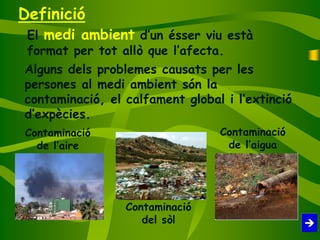 El medi ambient d’un ésser viu està
format per tot allò que l’afecta.
Alguns dels problemes causats per les
persones al medi ambient són la
contaminació, el calfament global i l’extinció
d’expècies.
Contaminació
de l’aire
Contaminació
del sòl
Contaminació
de l’aigua
Definició
 