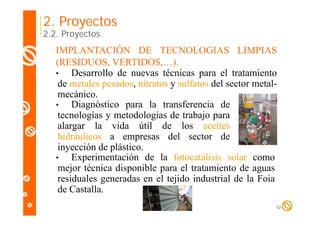 2. Proyectos

2.2. Proyectos

IMPLANTACIÓN DE TECNOLOGIAS LIMPIAS
(RESIDUOS, VERTIDOS,…).
(RESIDUOS VERTIDOS )
•
Desarrollo de nuevas técnicas para el tratamiento
de metales pesados, nitratos y sulfatos del sector metalp
,
mecánico.
•
Diagnóstico para la transferencia de
tecnologías y metodologías d t b j para
t
l í
t d l í de trabajo
alargar la vida útil de los aceites
hidráulicos a empresas del sector de
inyección de plástico.
•
Experimentación de la fotocatálisis solar como
mejor técnica di
j
i disponible para el tratamiento d aguas
ibl
l
i
de
residuales generadas en el tejido industrial de la Foia
de Castalla
Castalla.
12

 
