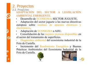 2. Proyectos

2.2. Proyectos

ADAPTACIÓN DEL SECTOR A LEGISLACIÓN
AMBIENTAL EMERGENTE.
•
Desarrollo d ECOSIGMA: S C O JUGUETE.
ll de COS G A SECTOR G
•
Adaptación del sector juguete a las nuevas directivas
europeas sobre residuos de aparatos eléctricos y
electrónicos.
•
Adaptación de ECOSIGMA a AIJU.
p
•
Consolidación de las mejores técnicas disponibles en
el sector del tratamiento de superficies.
•
Diagnóstico ambiental del ecosistema industrial de la
Foia de Castalla.
•
Incremento del Rendimiento Energético y Buenas
c e e to de e d e to
e gét co
ue as
Prácticas Ambientales del Ecosistema Industrial de la
Foia de Castalla.
14

 