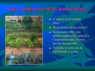Vaja...sorpren-te de la nostra feina !
                      I...aquest és el resultat
                       final...
                      Ni nosaltres ens ho creiem !
                      És la nostra obra i ens
                       sentim orgullos@s, gràcies a
                       l’entusiasme dels mestres
                       que ho fan possible.
                      Treballar la terra ens fa
                       ESTIMAR-LA més.
 
