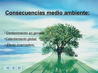Consecuencias medio ambiente: Contaminación en general Calentamiento global. Efecto invernadero. 
