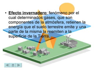 Efecto invernadero :  fenómeno por el cual determinados gases, que son componentes de la atmósfera, retienen la energía que el suelo terrestre emite y una parte de la misma la reemiten a la superficie de la Tierra.  