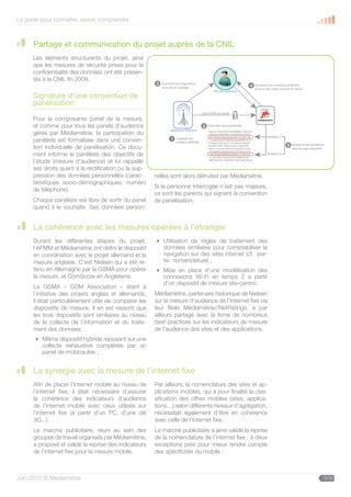 Le guide pour connaître, savoir, comprendre



      Partage et communication du projet auprès de la CNIL
      Les éléments structurants du projet, ainsi
      que les mesures de sécurité prises pour la
      confidentialité des données ont été présen-
      tés à la CNIL fin 2009.
                                                        3   Fourniture de l’algorithme
                                                                                                                             4    Fourniture des numéros panélistes
                                                            ou la clé de cryptage                                                 et envoi des codes associés en retour
                                                                                                 Tiers de con ance
      Signature d’une convention de
      panélisation
                                                                                         Liaison VPN sécurisée

      Pour la composante panel de la mesure,
      et comme pour tous les panels d’audience                                           2   Envoi des logs anonymisés
                                                                  Opérateurs Télécoms
      gérés par Médiamétrie, la participation du                                              b0a2d153879039228c9dd86671ddd2a9
                                                                                              7d65ab55fd4f3f56a7953b9d3cc207d0
                                                                                              ef3c79eda75bec9edf633d127ad01746             Panéliste 1
      panéliste est formalisée dans une conven-                   1    Cryptage des           c1ae4b653636348fdbe3daad899e5553
                                                                       numéros MSISDN         d2abe91495caa471e41e8eacce9f6a50
      tion individuelle de panélisation. Ce docu-                                             0av9 7794f1208eee149a2218a693f5                             5   Recherche des panélistes
                                                                                              69dc774ce3de14959353vafc85c214e0                                dans les logs exhaustifs
                                                                                              4e338af0d1262843d4e229760cbc97d2
      ment informe le panéliste des objectifs de                                              1ab206af0082f6b5habd0011576d516c
                                                                                              c11a9c448e166e76a2b533386fnfzt9h
                                                                                                                                           Panéliste 2

      l’étude (mesure d’audience) et lui rappelle                                             b 67e0vv35e7856bfdc1d491d65cdcdaa


      ses droits quant à la rectification ou la sup-
      pression des données personnelles (carac-         nelles sont alors détruites par Médiamétrie.
      téristiques socio-démographiques, numéro
                                                        Si la personne interrogée n’est pas majeure,
      de téléphone).
                                                        ce sont les parents qui signent la convention
      Chaque panéliste est libre de sortir du panel     de panélisation.
      quand il le souhaite. Ses données person-


      La cohérence avec les mesures opérées à l’étranger
      Durant les différentes étapes du projet,           Utilisation de règles de traitement des
      l’AFMM et Médiamétrie ont défini le dispositif      données similaires pour comptabiliser la
      en coordination avec le projet allemand et la       navigation sur des sites internet (cf. par-
      mesure anglaise. C’est Nielsen qui a été re-        tie nomenclature) ;
      tenu en Allemagne par la GSMA pour opérer          Mise en place d’une modélisation des
      la mesure, et ComScore en Angleterre.               connexions Wi-Fi en temps 2 à partir
                                                          d’un dispositif de mesure site-centric.
      La GSMA – GSM Association – étant à
      l’initiative des projets anglais et allemands,    Médiamétrie, partenaire historique de Nielsen
      il était particulièrement utile de comparer les   sur la mesure d’audience de l’Internet fixe via
      dispositifs de mesure. Il en est ressorti que     leur filiale Médiamétrie//NetRatings, a par
      les trois dispositifs sont similaires au niveau   ailleurs partagé avec la firme de nombreux
      de la collecte de l’information et du traite-     best-practices sur les indicateurs de mesure
      ment des données :                                de l’audience des sites et des applications.
       Même dispositif hybride reposant sur une
        collecte exhaustive complétée par un
        panel de mobinautes ;


      La synergie avec la mesure de l’internet fixe
      Afin de placer l’internet mobile au niveau de     Par ailleurs, la nomenclature des sites et ap-
      l’internet fixe, il était nécessaire d’assurer    plications mobiles, qui a pour finalité la clas-
      la cohérence des indicateurs d’audience           sification des offres mobiles (sites, applica-
      de l’internet mobile avec ceux utilisés sur       tions…) selon différents niveaux d’agrégation,
      l’internet fixe (à partir d’un PC, d’une clé      nécessitait également d’être en cohérence
      3G...).                                           avec celle de l’Internet fixe.
      Le marché publicitaire, réuni au sein des         Le marché publicitaire a ainsi validé la reprise
      groupes de travail organisés par Médiamétrie,     de la nomenclature de l’internet fixe ; à deux
      a proposé et validé la reprise des indicateurs    exceptions près pour mieux rendre compte
      de l’internet fixe pour la mesure mobile.         des spécificités du mobile :



Juin 2010 © Médiamétrie                                                                                                                                                            13/30
 