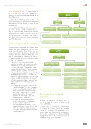 Le guide pour connaître, savoir, comprendre



      Le « Channel » est un sous-ensemble
      d’URLs de la Brand-Support. L’audience du
                                                                                                      Parent
      Channel contribue à l’audience globale de la                                                  “Groupe A”
      Brand-Support.
      Au sein de la Brand-Support « site », le
      niveau Channel peut permettre de distinguer                                    Brand                               Brand
      une thématique ou la version mobile d’un site                              “Marque A”                            “Marque B”
      par exemple.
      Au sein de la Brand-Support « application »,            Brand-support               Brand-support             Brand-support
      le niveau Channel peut permettre de dis-                 “Marque A - Site”       “Marque A - Application”     “Marque B - Site”
      tinguer chacune des applications incluses
      dans cette Brand-Support ou encore de dis-
      tinguer une version spécifique d’une applica-                  Channel                                 Channel
      tion (à condition que cette version possède          “Marque A - Site Thématique 1”       “Marque A - Application Thématique 1”
      une URL distincte).
                                                                     Channel
      Point spécifique sur les portails                    “Marque A - Site Thématique 2”


      Trois modèles d’intégration de contenu dans
      les portails sont aujourd’hui prédominants
      sur le marché mobile. Deux d’entre eux né-                                      Parent
                                                                                     Bouygues
      cessitent une lettre de cession de trafic (cf.
      exemple de lettre dans les Annexes) pour
      que le fournisseur de contenus se voie at-                                      Brand
      tribuer l’audience de son contenu. Ce sont                                 Bouygues Telecom
      les cas 1 et 3 suivants.
      1. Intégration de contenu en marque
                                                               Brand-support Site                    Brand-support Application
          blanche : une lettre de cession de trafic              Bouygues Telecom                          Bouygues Telecom
          est nécessaire pour pouvoir attribuer
          l’audience à l’éditeur uniquement dans
          le cas où le contenu en marque blanche                     Channel                                   Channel
          est hébergé par le portail partenaire.                       Portail                              Application Actu
      2. URL des sites sous Gallery (ou portail du                   Channel                                   Channel
          même type que Gallery) : l’audience du                   Portail Gallery                       Application Suivi Conso
          partenaire est restituée à la Brand du site
          éditeur sans besoin de lettre de cession.                                                            Channel
                                                                                                           Application lci Info
      3. URL d’une page, intégrant le logo d’une
          autre marque, mais hébergée par le                                                                   Channel
          portail :                                                                                  Application Mon Espace Synchro
          3.1 Si l’URL de la page inclut le nom du                                                             Channel
              portail (exemples : «m.allocine.yahoo.                                                         Application TV
              fr» ou « m.wikipedia.orange.fr »), le
              trafic est alloué automatiquement
              au portail. L’éditeur a donc besoin
              d’obtenir une lettre de cession           Point spécifique sur le co-
              de trafic du portail pour que son         branding
              audience lui soit attribuée.
          3.2 Si l’URL de la page n’inclut pas
                                                        Il n’est pas possible de réaliser du co-
              le nom du portail (ex : m.allocine.
                                                        branding dans la mesure d’audience de
              fr), alors le trafic est alloué
              automatiquement à l’éditeur. S’il le      l’Internet Mobile.
              souhaite, l’éditeur pourra rédiger une    Comme dans la mesure de l’Internet Fixe,
              lettre de cession de trafic en faveur     la création de custom roll-up sera intégrée
              du portail (intégration de contenu en     dès le 3ème trimestre. Ces agrégats d’URLs
              marque blanche).
                                                        souscrits par une régie doivent correspondre
                                                        à une offre publicitaire. Les Custom Roll Up
                                                        agrègent l’audience d’une liste de noms de
                                                        domaines et de sous-domaines.



Juin 2010 © Médiamétrie                                                                                                             25/30
 