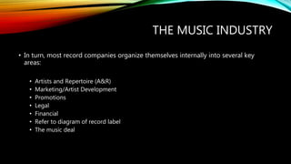 THE MUSIC INDUSTRY
• In turn, most record companies organize themselves internally into several key
areas:
• Artists and Repertoire (A&R)
• Marketing/Artist Development
• Promotions
• Legal
• Financial
• Refer to diagram of record label
• The music deal
 