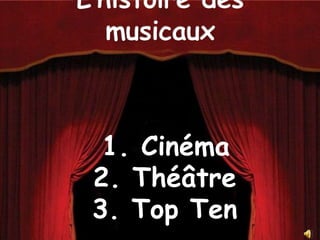 1. Cinéma 	2. Théâtre 	3. Top Ten L’histoire des musicaux 