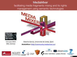 MediaMixer !
facilitating media fragments mixing and its rights
management using semantic technologies!
!"#$%&"'()%*+),'-./0$%1/&)&'2$'34$/2),'56)/.'
!"#$%!$&"'!"#$%&''()**+,-./0*12-3*-41501+6!
789!:+,1!;<=>!
?@AB!C1,1D3!
 