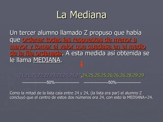 La Mediana Un tercer alumno llamado Z propuso que había que  ordenar todas las respuestas de menor a mayor y tomar el valor que quedase en el medio de la fila ordenada . A esta medida así obtenida se le llama  MEDIANA . 21,21,21,22,22,23,23,24,24,24 , 24,25,25,25,26,26,26,28,29,29 Como la mitad de la lista caía entre 24 y 24, (la lista era par) el alumno Z concluyó que el centro de estos dos números era 24, con esto la MEDIANA=24. ------------------50%------------------ ------------------50%------------------ 