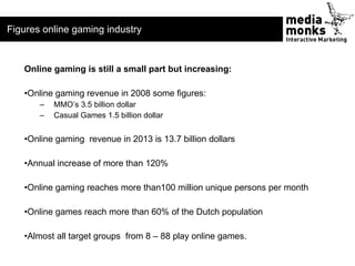 Figures online gaming industry


   Online gaming is still a small part but increasing:

   •Online gaming revenue in 2008...