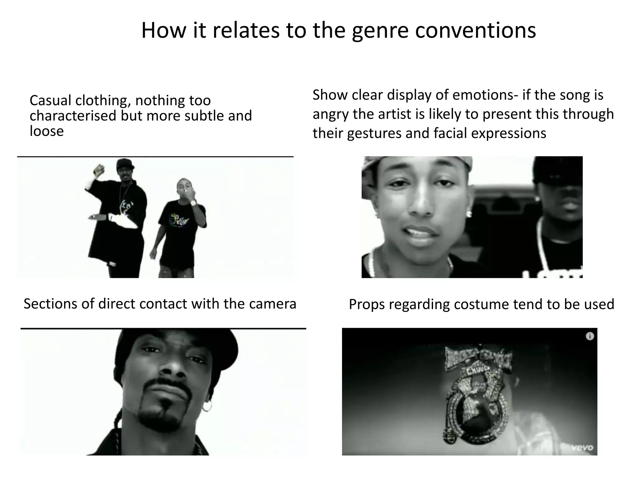 Casual clothing, nothing too
characterised but more subtle and
loose
Sections of direct contact with the camera
Show clear display of emotions- if the song is
angry the artist is likely to present this through
their gestures and facial expressions
Props regarding costume tend to be used
How it relates to the genre conventions
 