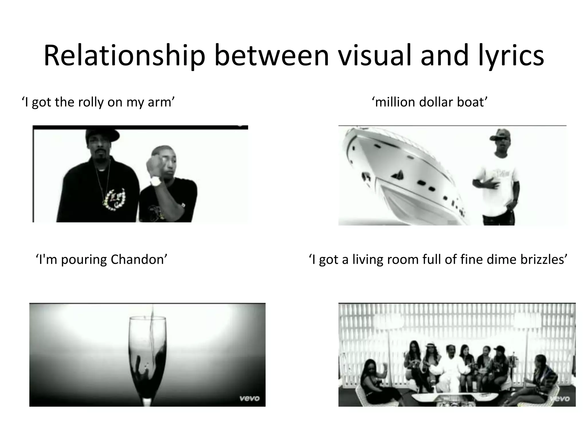 Relationship between visual and lyrics
‘I got the rolly on my arm’ ‘million dollar boat’
‘I'm pouring Chandon’ ‘I got a living room full of fine dime brizzles’
 