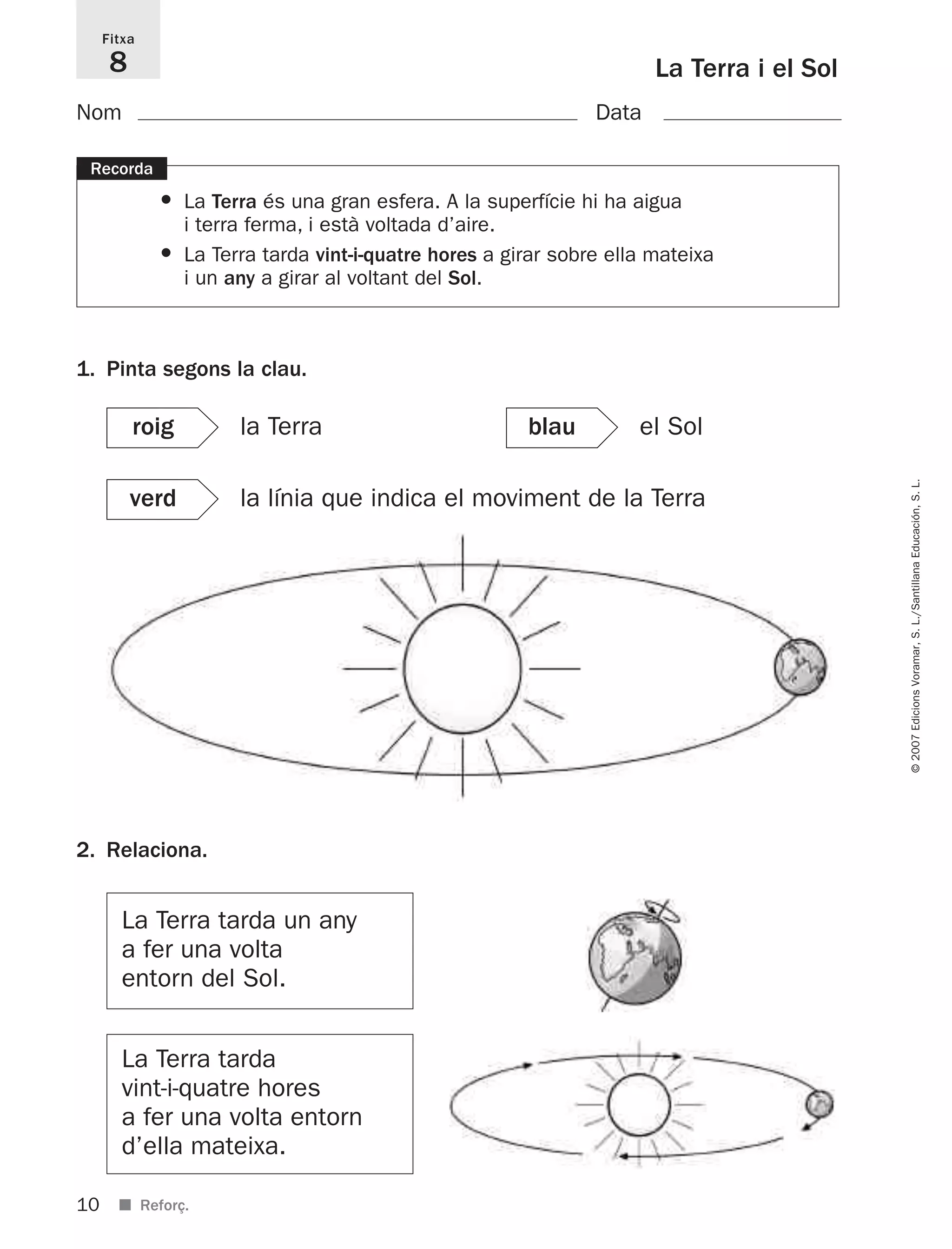 10
©2007EdicionsVoramar,S.L./SantillanaEducación,S.L.
■ Reforç.
La Terra i el Sol
Fitxa
8
1. Pinta segons la clau.
2. Relaciona.
La Terra tarda un any
a fer una volta
entorn del Sol.
La Terra tarda
vint-i-quatre hores
a fer una volta entorn
d’ella mateixa.
Recorda
• La Terra és una gran esfera. A la superfície hi ha aigua
i terra ferma, i està voltada d’aire.
• La Terra tarda vint-i-quatre hores a girar sobre ella mateixa
i un any a girar al voltant del Sol.
Nom Data
roig la Terra
verd la línia que indica el moviment de la Terra
blau el Sol
825716 _ 0001-0040.qxd 13/4/07 12:18 Página 10
 
