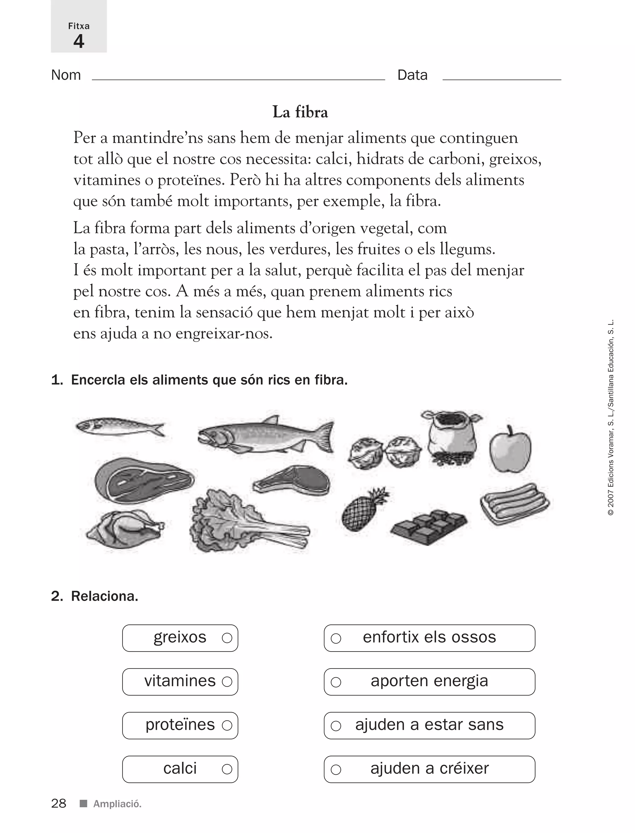 28
©2007EdicionsVoramar,S.L./SantillanaEducación,S.L.
■ Ampliació.
Fitxa
4
Nom Data
1. Encercla els aliments que són rics en fibra.
2. Relaciona.
La fibra
Per a mantindre’ns sans hem de menjar aliments que continguen
tot allò que el nostre cos necessita: calci, hidrats de carboni, greixos,
vitamines o proteïnes. Però hi ha altres components dels aliments
que són també molt importants, per exemple, la fibra.
La fibra forma part dels aliments d’origen vegetal, com
la pasta, l’arròs, les nous, les verdures, les fruites o els llegums.
I és molt important per a la salut, perquè facilita el pas del menjar
pel nostre cos. A més a més, quan prenem aliments rics
en fibra, tenim la sensació que hem menjat molt i per això
ens ajuda a no engreixar-nos.
enfortix els ossos
aporten energia
ajuden a estar sans
ajuden a créixer
greixos
vitamines
proteïnes
calci
825716 _ 0001-0040.qxd 13/4/07 12:18 Página 28
 