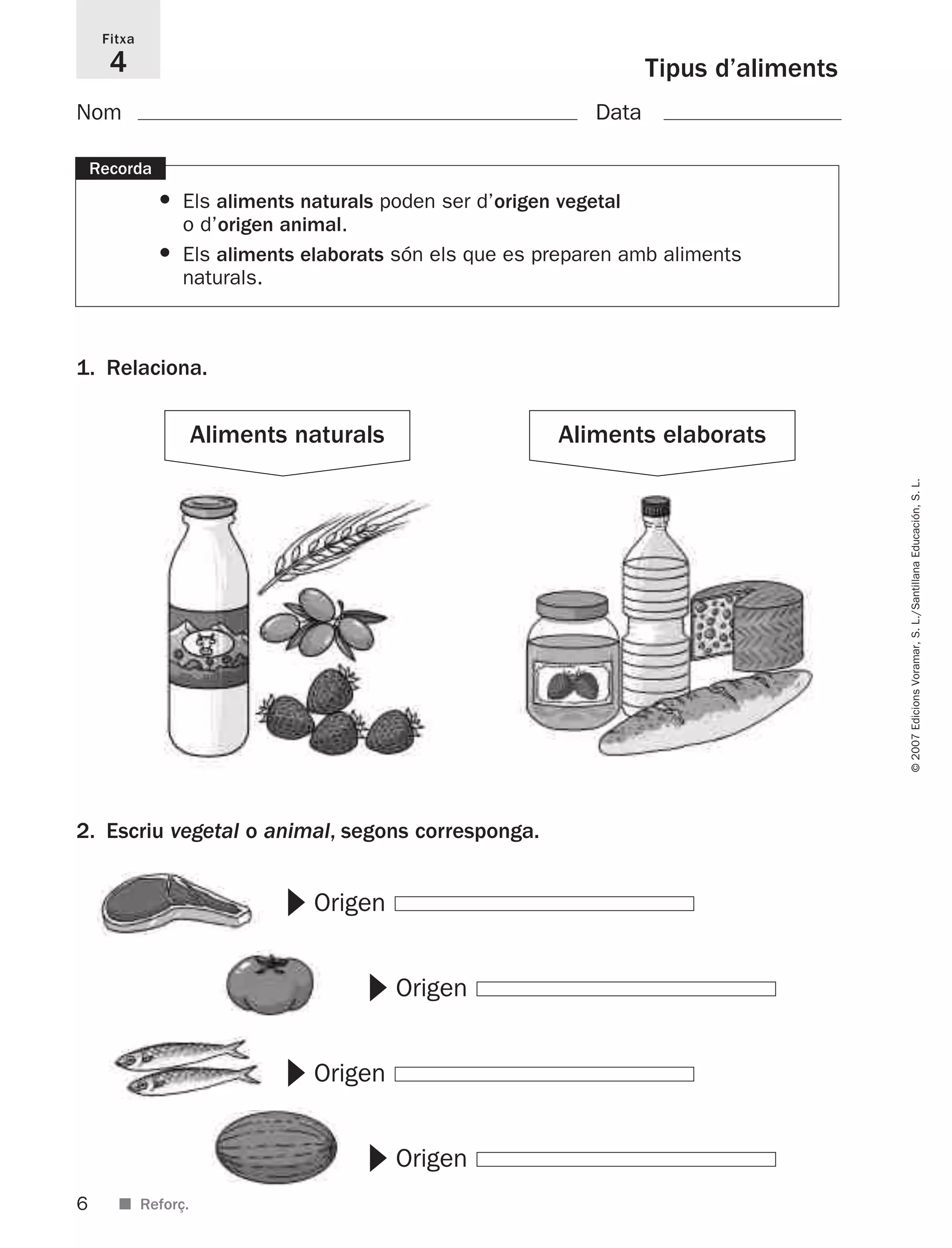 6
©2007EdicionsVoramar,S.L./SantillanaEducación,S.L.
Tipus d’aliments
Fitxa
4
1. Relaciona.
2. Escriu vegetal o animal, segons corresponga.
Recorda
• Els aliments naturals poden ser d’origen vegetal
o d’origen animal.
• Els aliments elaborats són els que es preparen amb aliments
naturals.
■ Reforç.
Nom Data
Aliments naturals Aliments elaborats
᭤ Origen
᭤ Origen
᭤ Origen
᭤ Origen
825716 _ 0001-0040.qxd 13/4/07 12:18 Página 6
 