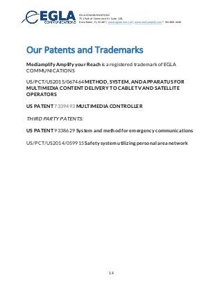 EGLA	
  COMMUNICATIONS	
  
751	
  Park	
  of	
  Commerce	
  Dr.	
  Suite	
  128,	
  
Boca	
  Raton,	
  FL,	
  33487	
  |	
  www.eglacomm.net	
  |	
  www.mediamplify.com	
  *	
  561-­‐869-­‐4446	
  	
  	
  	
  	
  	
  	
   	
  
	
   14	
  
	
  
Our	
  Patents	
  and	
  Trademarks	
  
	
  
Mediamplify Amplify your Reach is a registered trademark of EGLA
COMMUNICATIONS
US/PCT/US2015/067464 METHOD, SYSTEM, AND APPARATUS FOR
MULTIMEDIA CONTENT DELIVERY TO CABLE TV AND SATELLITE
OPERATORS
US PATENT 7339493 MULTIMEDIA CONTROLLER
THIRD PARTY PATENTS:
US PATENT 9338629 System and method for emergency communications
US/PCT/US2014/059915 Safety system utilizing personal area network
 