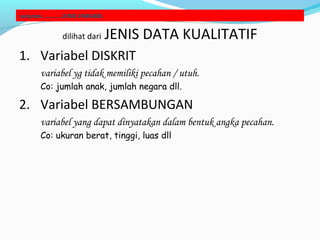 Lanjutan ………….JENIS VARIABEL
dilihat dari JENIS DATA KUALITATIF
1. Variabel DISKRIT
variabel yg tidak memiliki pecahan / utuh.
Co: jumlah anak, jumlah negara dll.
2. Variabel BERSAMBUNGAN
variabel yang dapat dinyatakan dalam bentuk angka pecahan.
Co: ukuran berat, tinggi, luas dll
 
