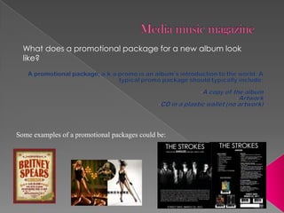 Media music magazine  A promotional package, a.k.a promo is an album’s introduction to the world. A typical promo package should typically include: ,[object Object]